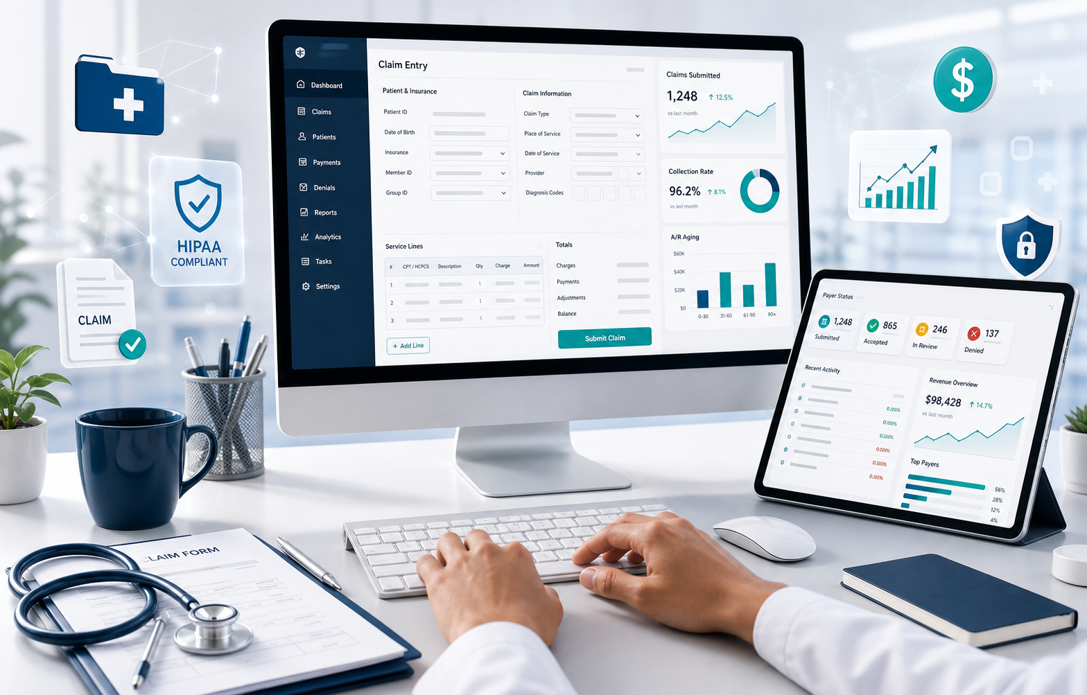 Medical billing claim entry dashboard with revenue analytics and secure healthcare billing data